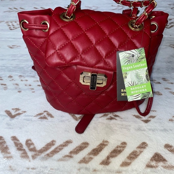 Badgley Mischka Vegan Leather Red Quilted Mini‎ Backpack - Picture 1 of 7